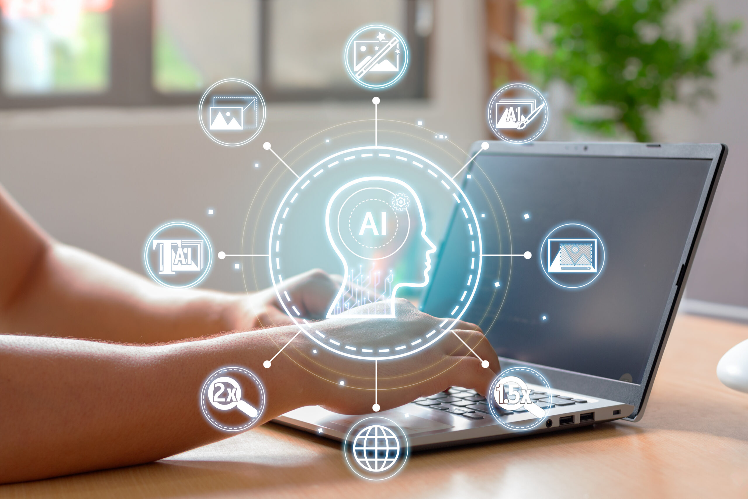 Man creates images from text with artificial intelligence. Interacting with an image-creating AI. Man creates images from text with artificial intelligence. Interacting with an image-creating AI.